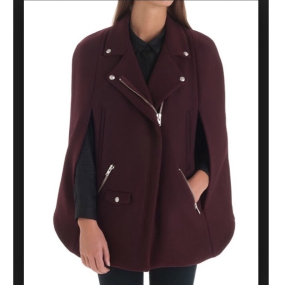 The Kooples Burgundy Moto Cape Coat Jacket - Picture 2 of 16
